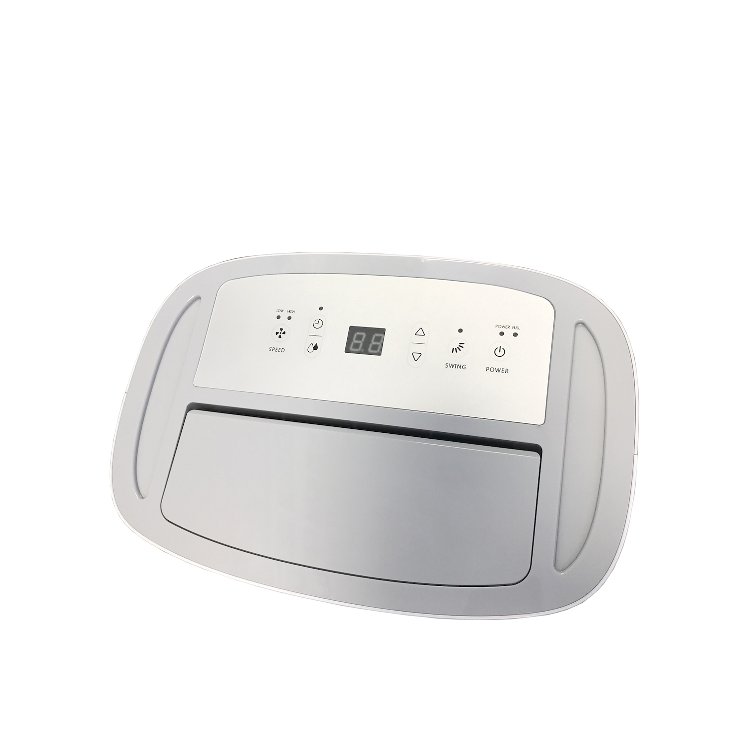 Un pannello di controllo elettronico bianco e grigio con display digitale e vari pulsanti su sfondo bianco.
