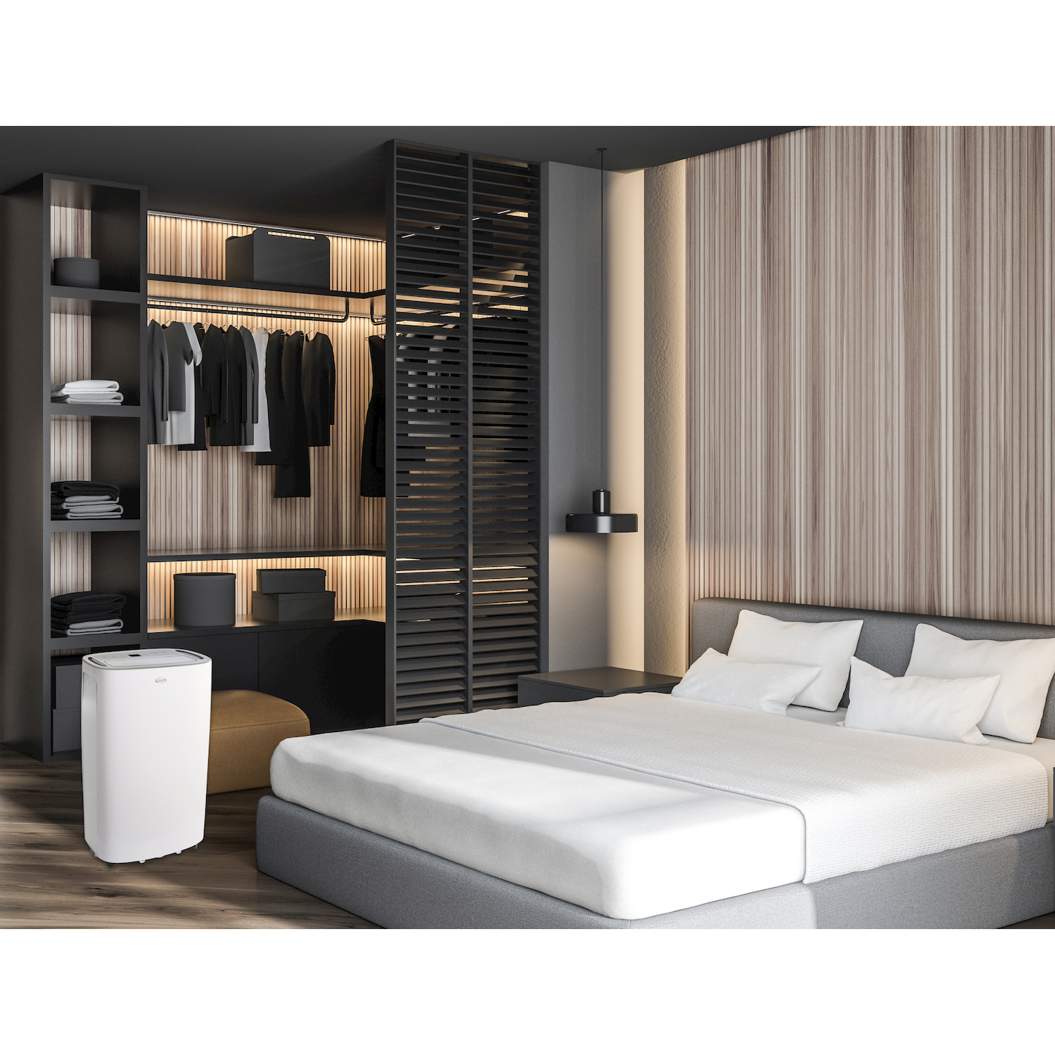 Una camera da letto moderna con letto grigio, deumidificatore bianco e una cabina armadio con vestiti appesi.