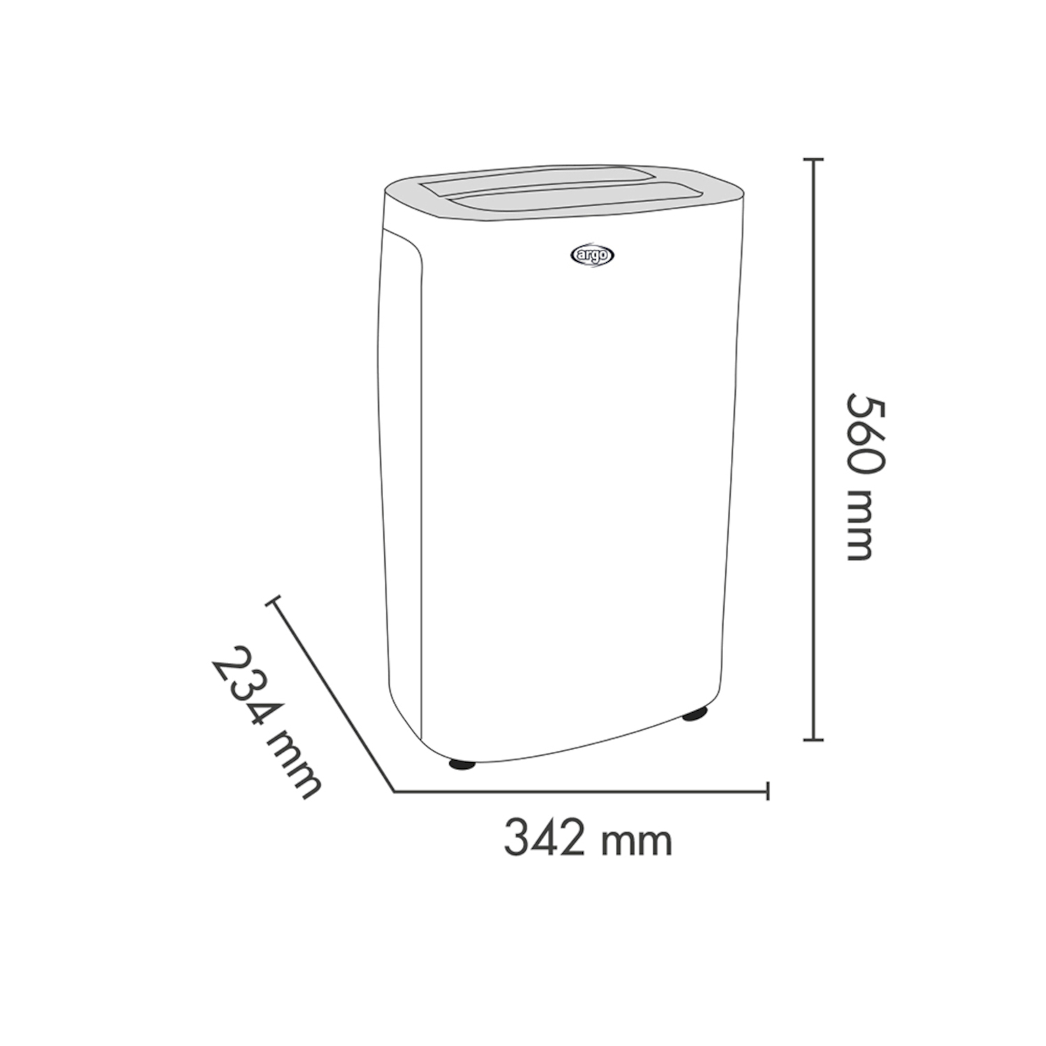 Disegno tecnico di un condizionatore portatile con dimensioni di 560 mm di altezza, 342 mm di larghezza e 234 mm di profondità.
