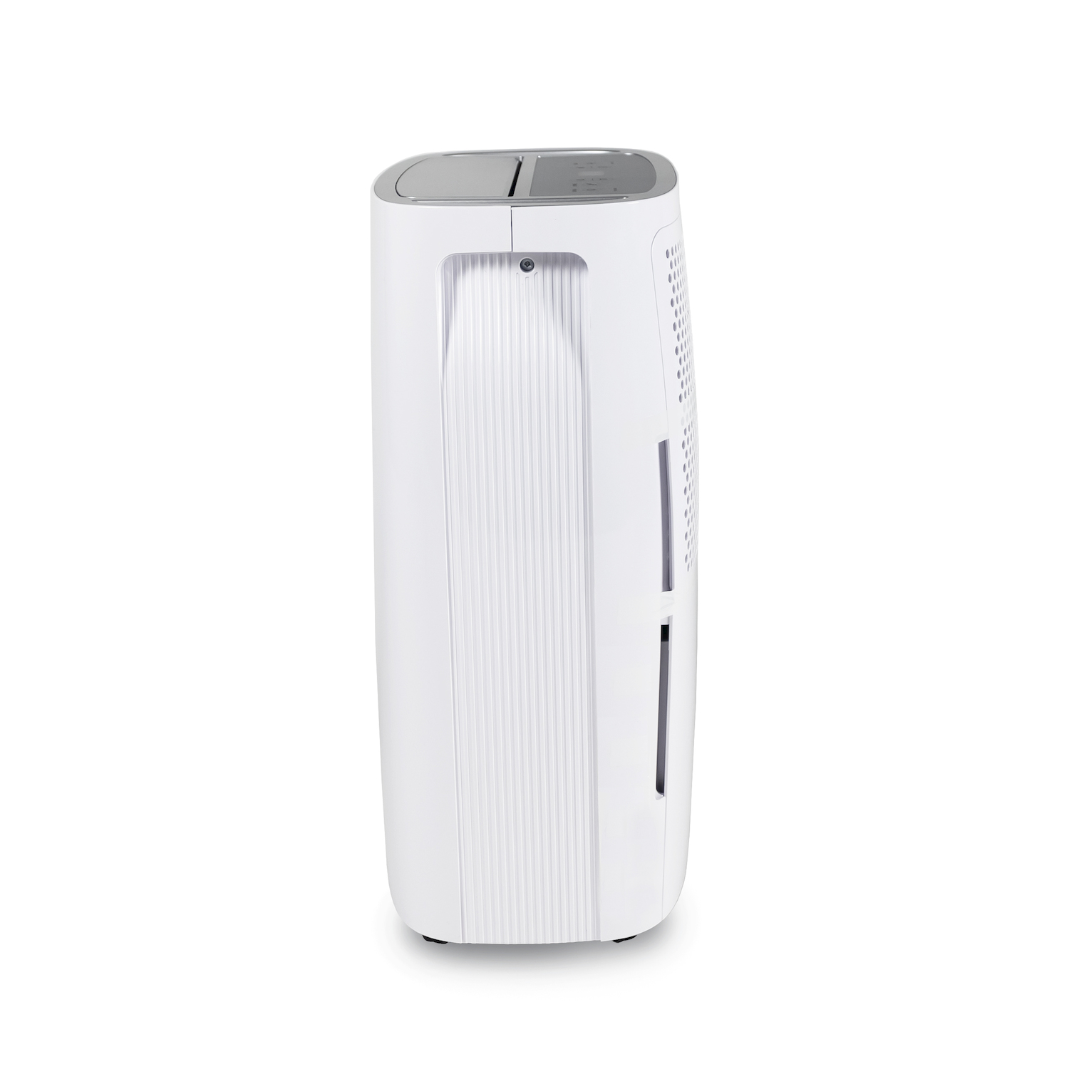 Un condizionatore portatile bianco su sfondo bianco.