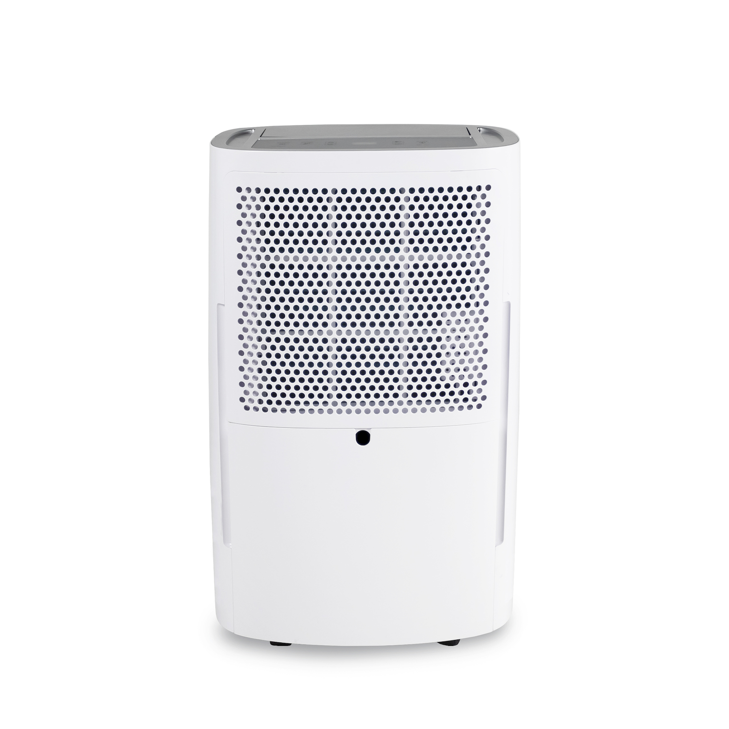 Un deumidificatore portatile bianco con griglia frontale perforata e pannello di controllo su sfondo bianco.