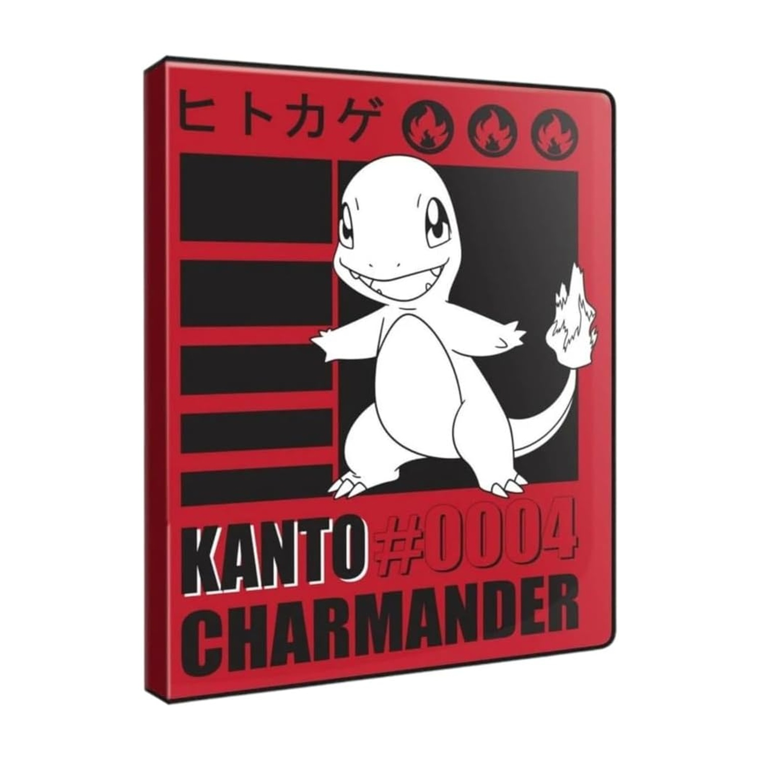 Unraccoglitore di carte rosso con il Pokémon Charmander, testo in giapponese e Kanto #0004.