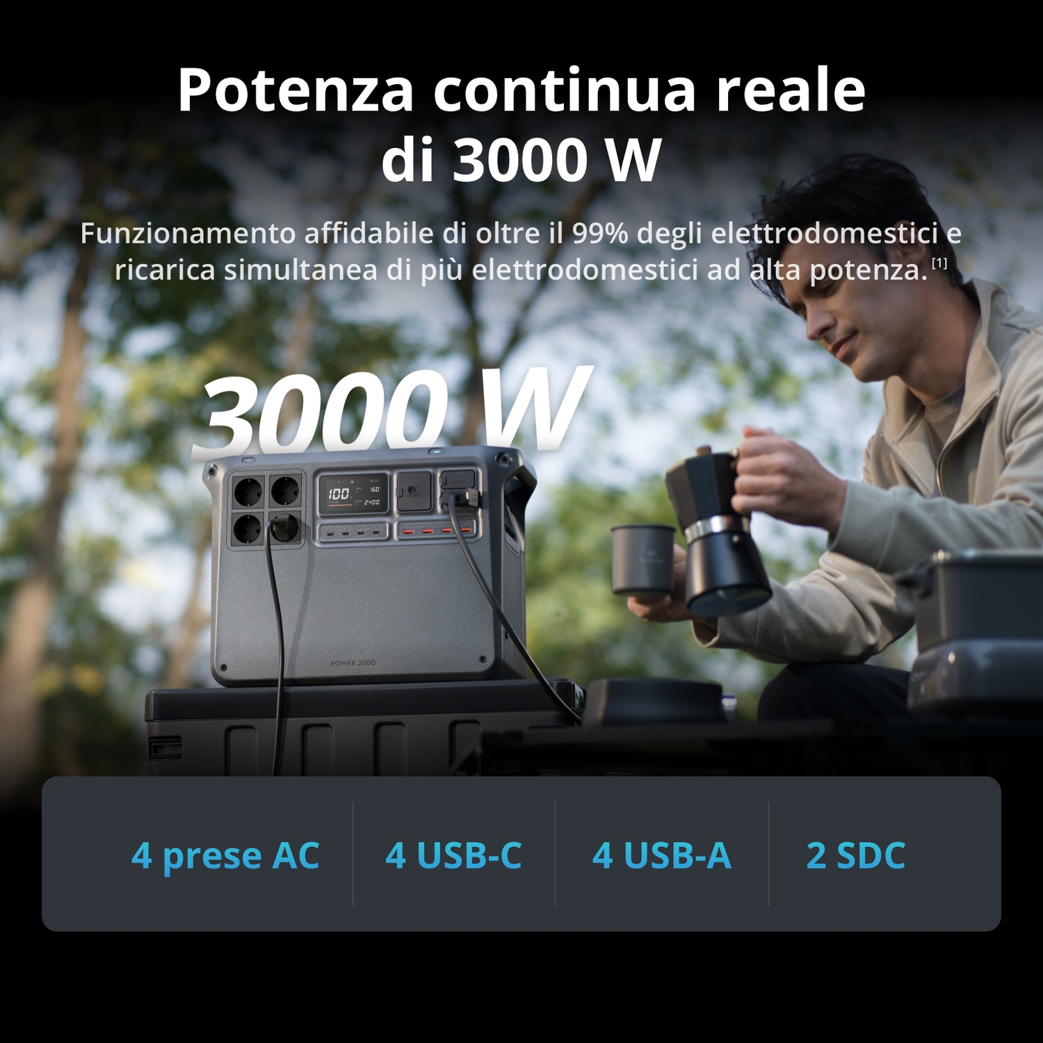 Una centrale elettrica grigia da 3000W all'aperto mentre un uomo versa il caffè. Testo in italiano.