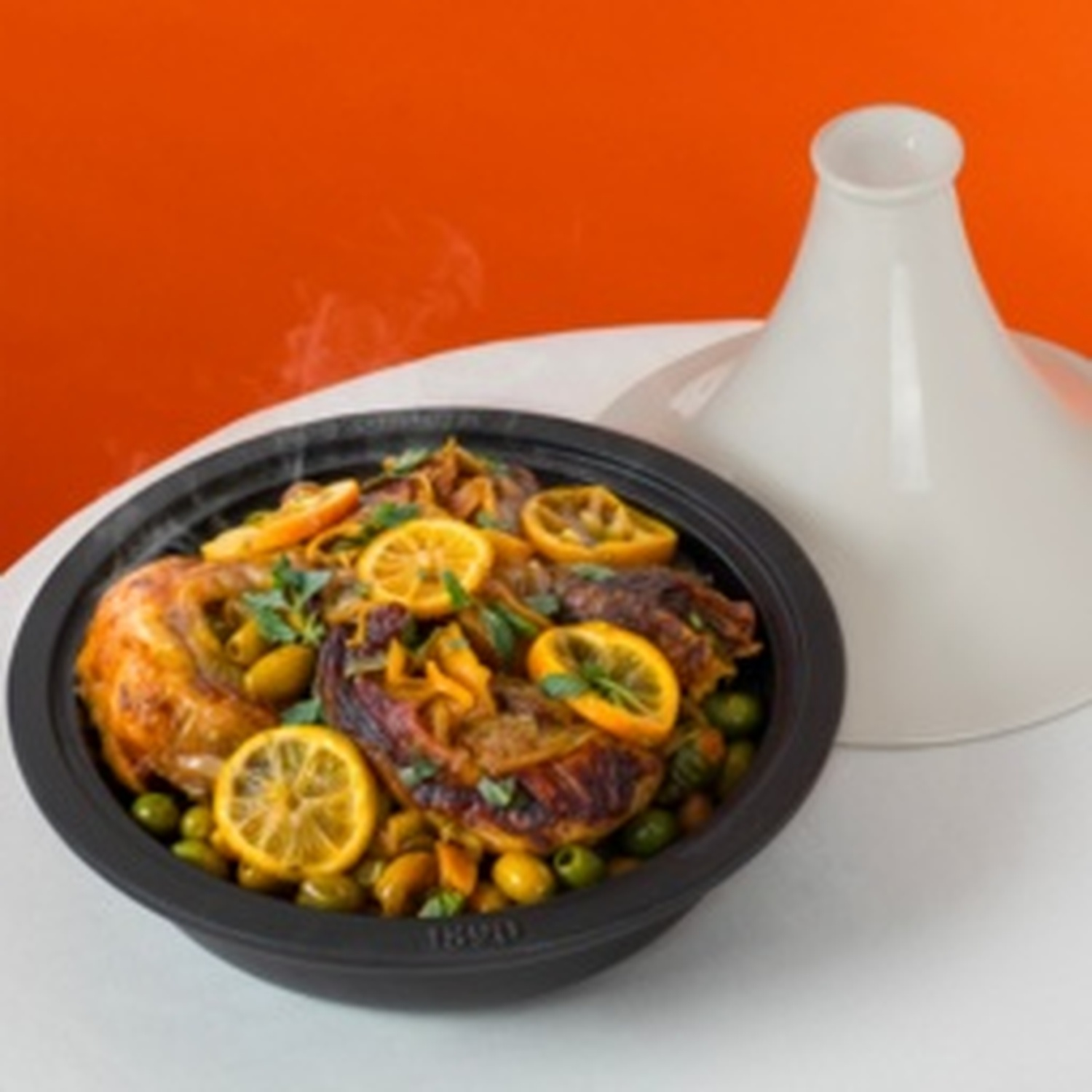 Una ciotola scura di pollo cotto con limoni e olive, accanto a un coperchio per tagine bianco, su sfondo arancione.