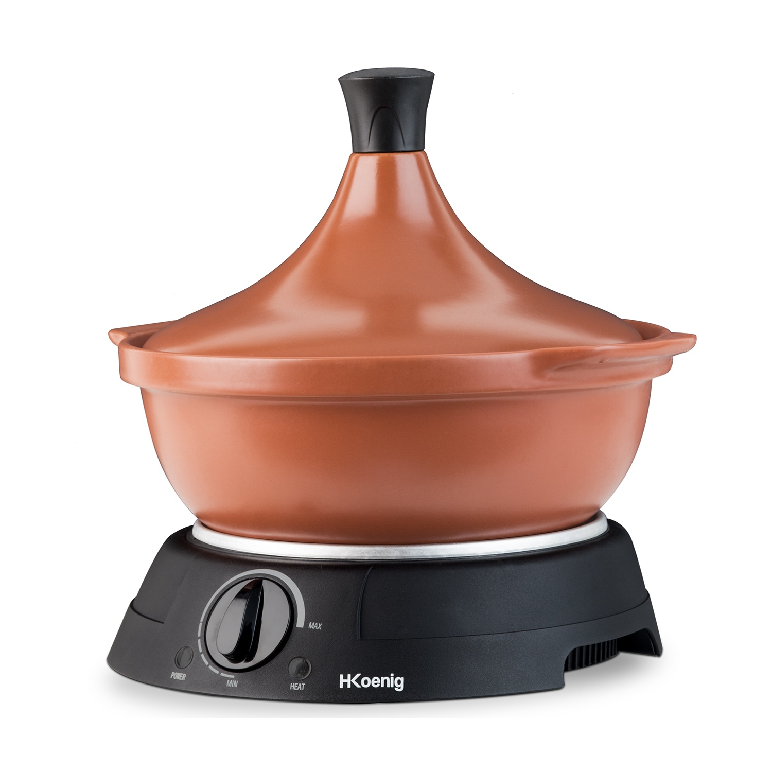 Una tajine elettrica color terracotta con base nera e manopola su sfondo bianco.