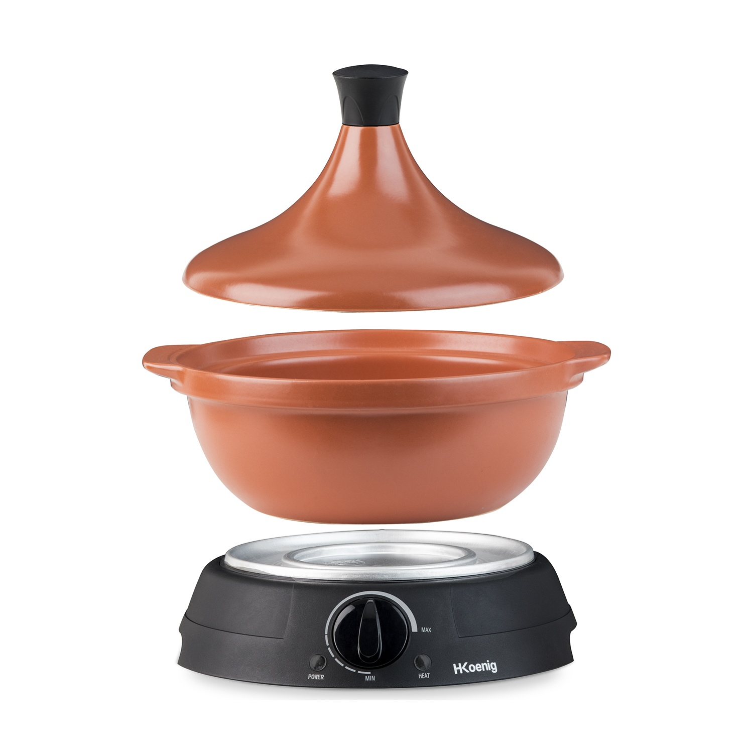 Una pentola tagine elettrica in terracotta con coperchio rimovibile su base nera.