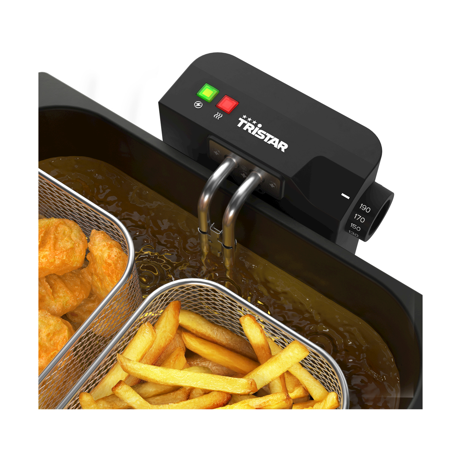 Una friggitrice Tristar nera con due cestelli pieni di patatine dorate e nuggets che friggono nell'olio.