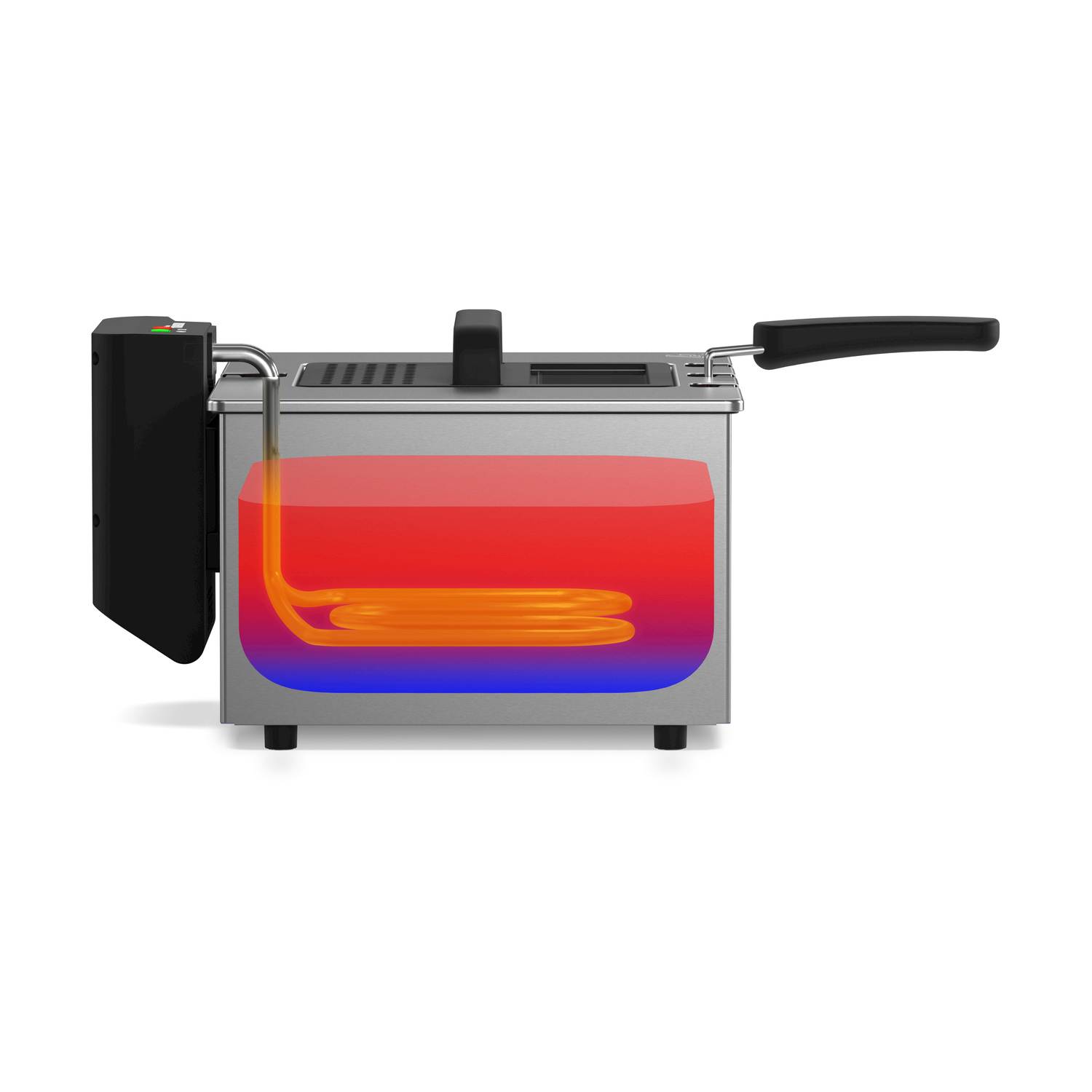 Sezione trasversale di una friggitrice in acciaio inox con serpentina di riscaldamento, calore rosso sopra e freddo blu sotto.