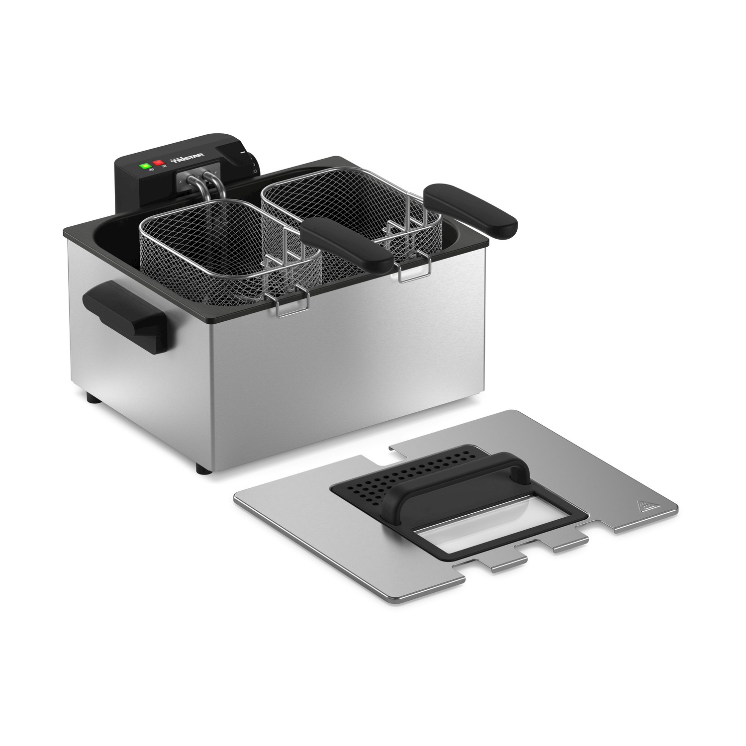 Friggitrice doppia in acciaio inox con due cestelli e un coperchio separato su fondo bianco.