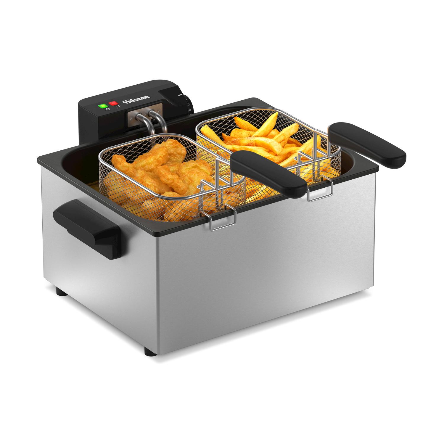 Friggitrice in acciaio inox a due cestelli piena di patatine e nugget.