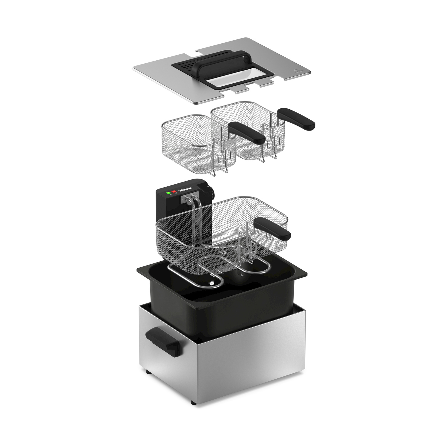 Vista esplosa di una frgitrice con corpo in acciaio inox, contenitore nero, resistenza e tre cestelli metallici.