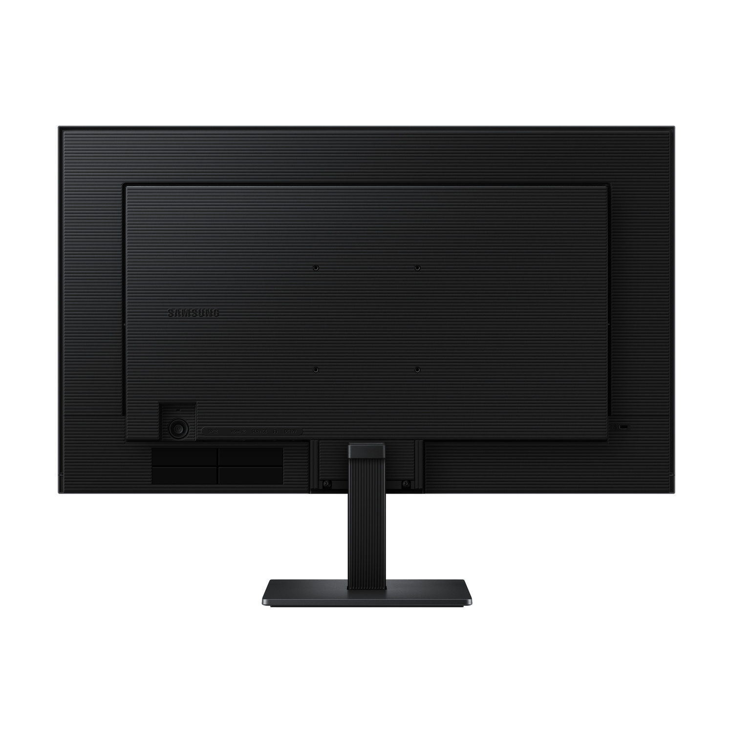 Vista posteriore di un monitor Samsung nero con supporto e porte.