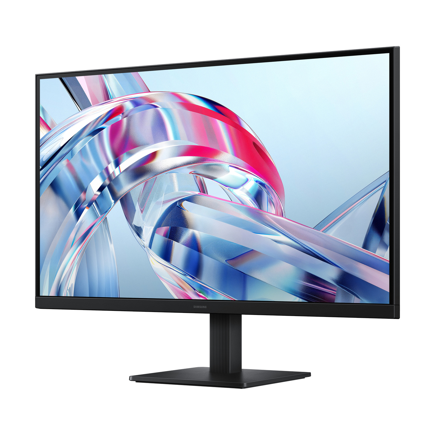 Un monitor Samsung nero su supporto mostra una grafica astratta e colorata sullo schermo.