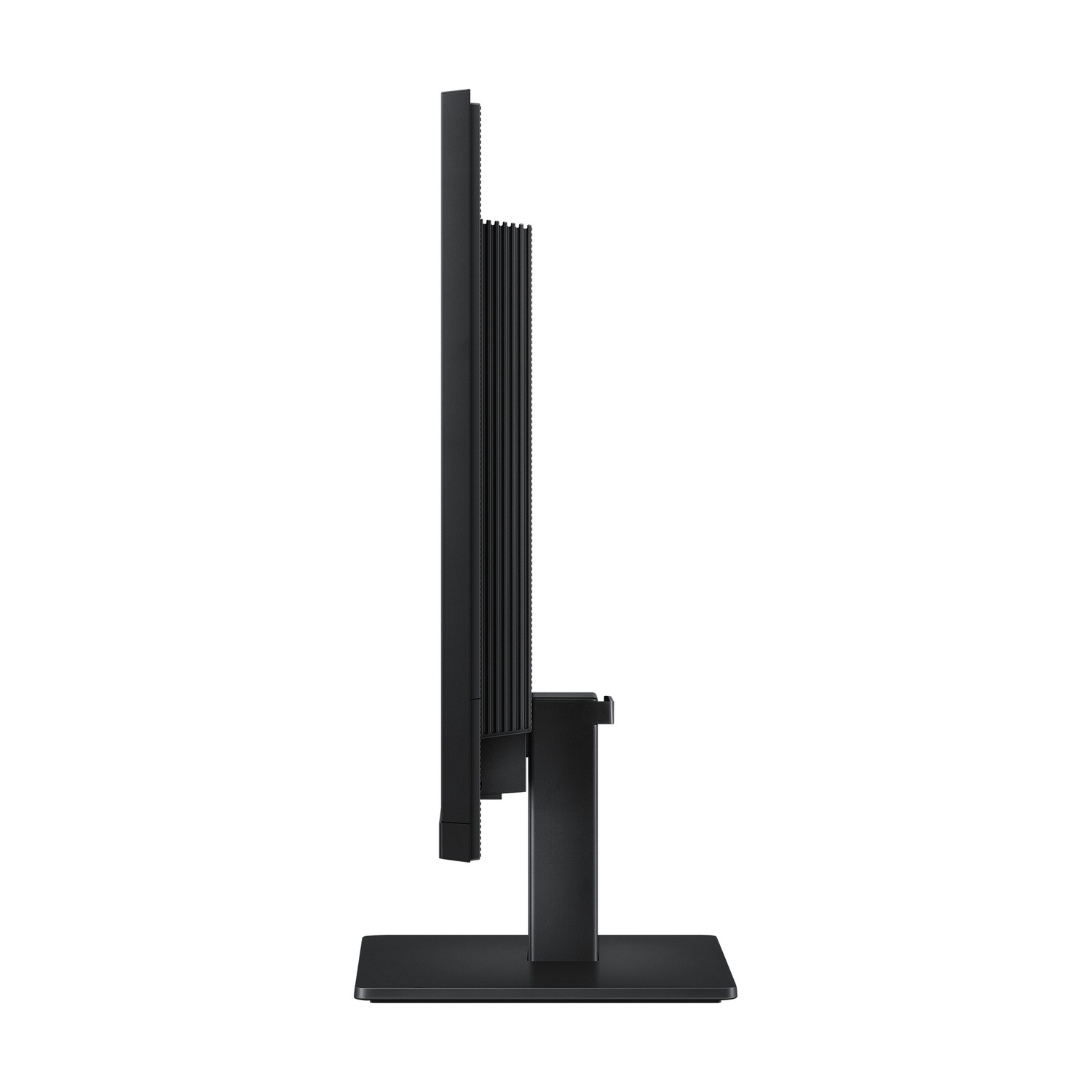 Vista laterale di un monitor per computer nero su supporto rettangolare su sfondo bianco.