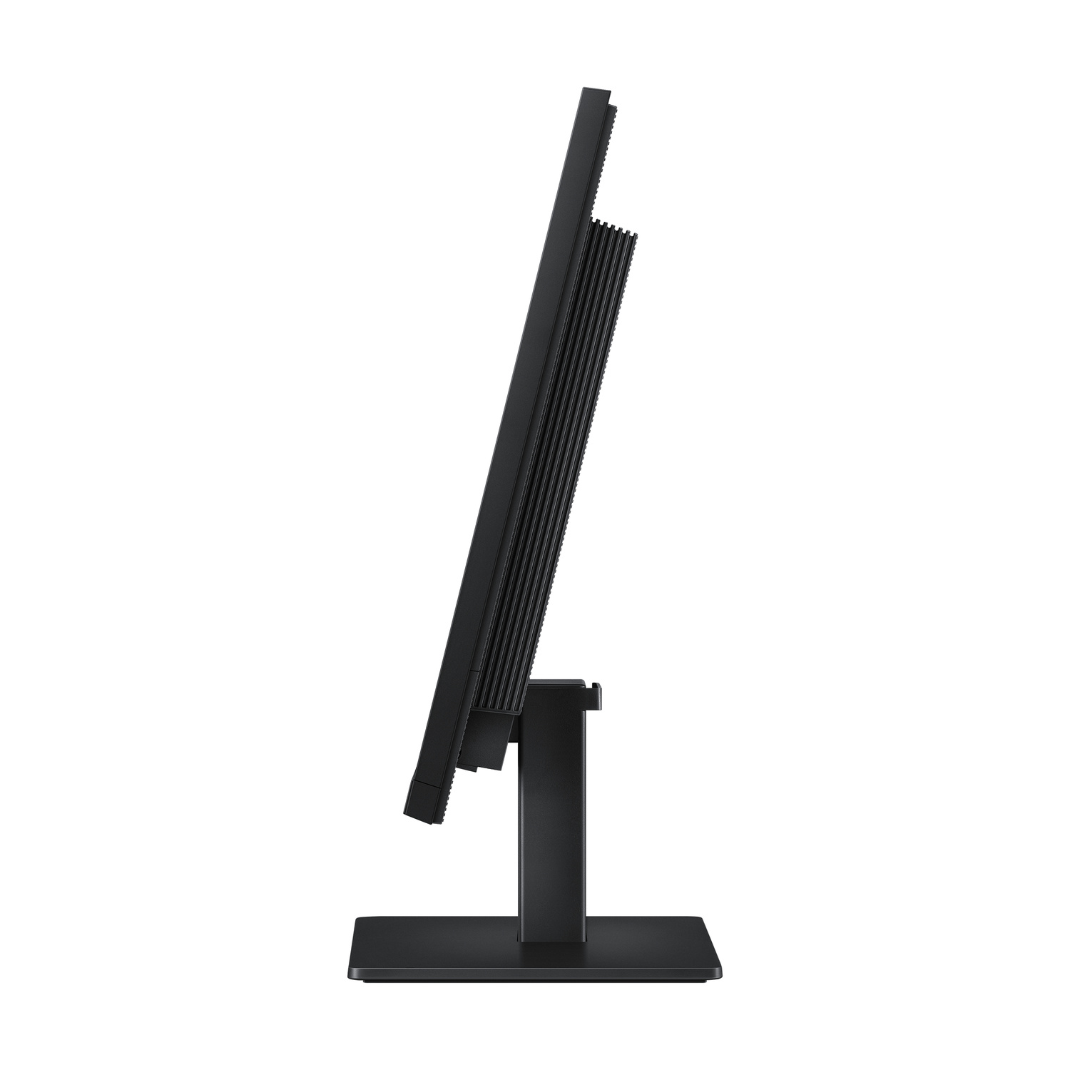 Vista laterale di un monitor nero su supporto con sfondo bianco.
