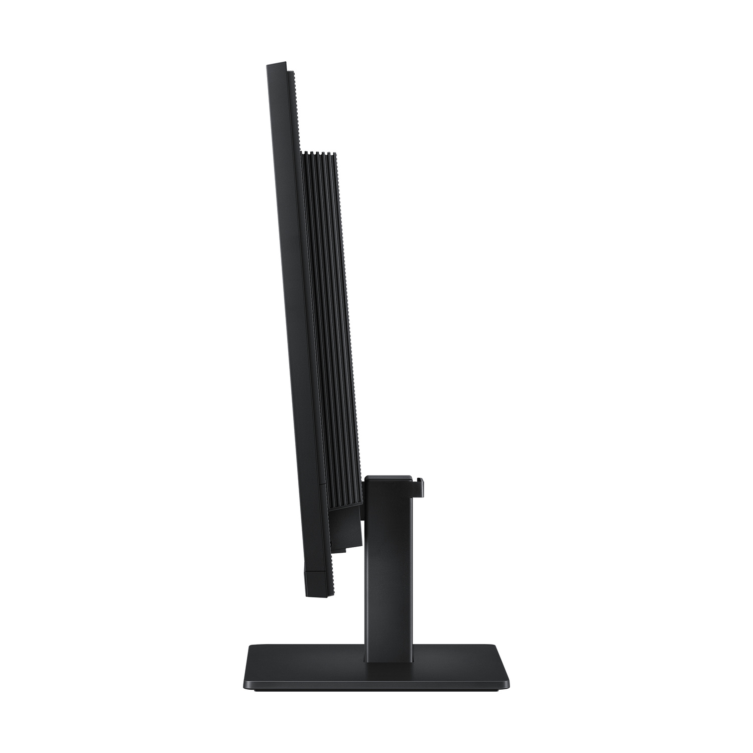 Vista laterale di un monitor nero con supporto su sfondo bianco.