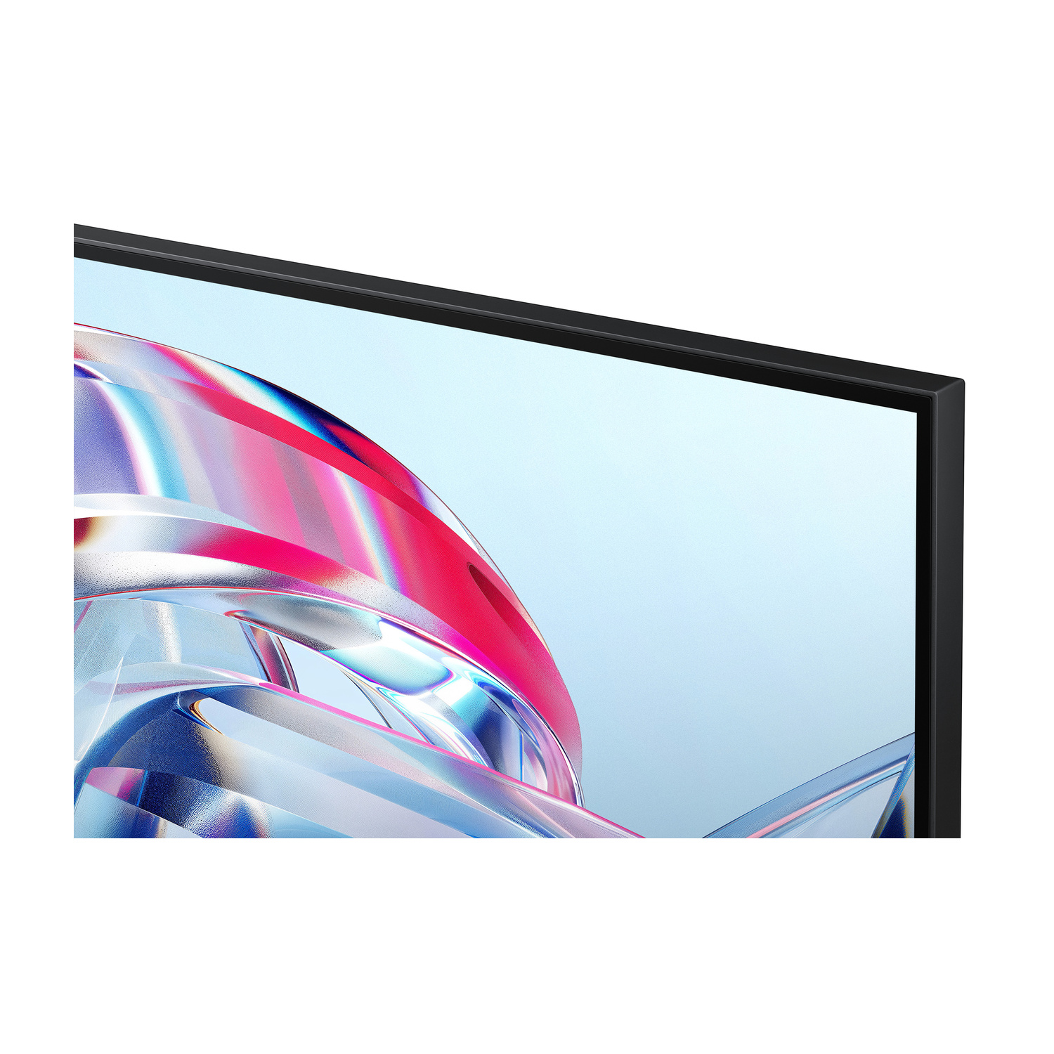 Primo piano di uno schermo TV con sottile cornice nera e una grafica astratta e colorata sullo sfondo chiaro.