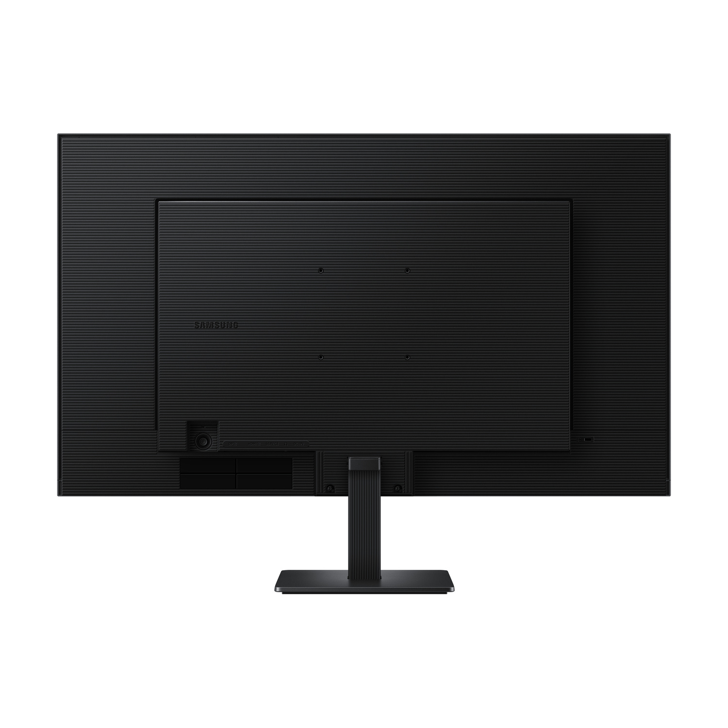 Vista posteriore di un monitor nero con supporto su sfondo bianco.