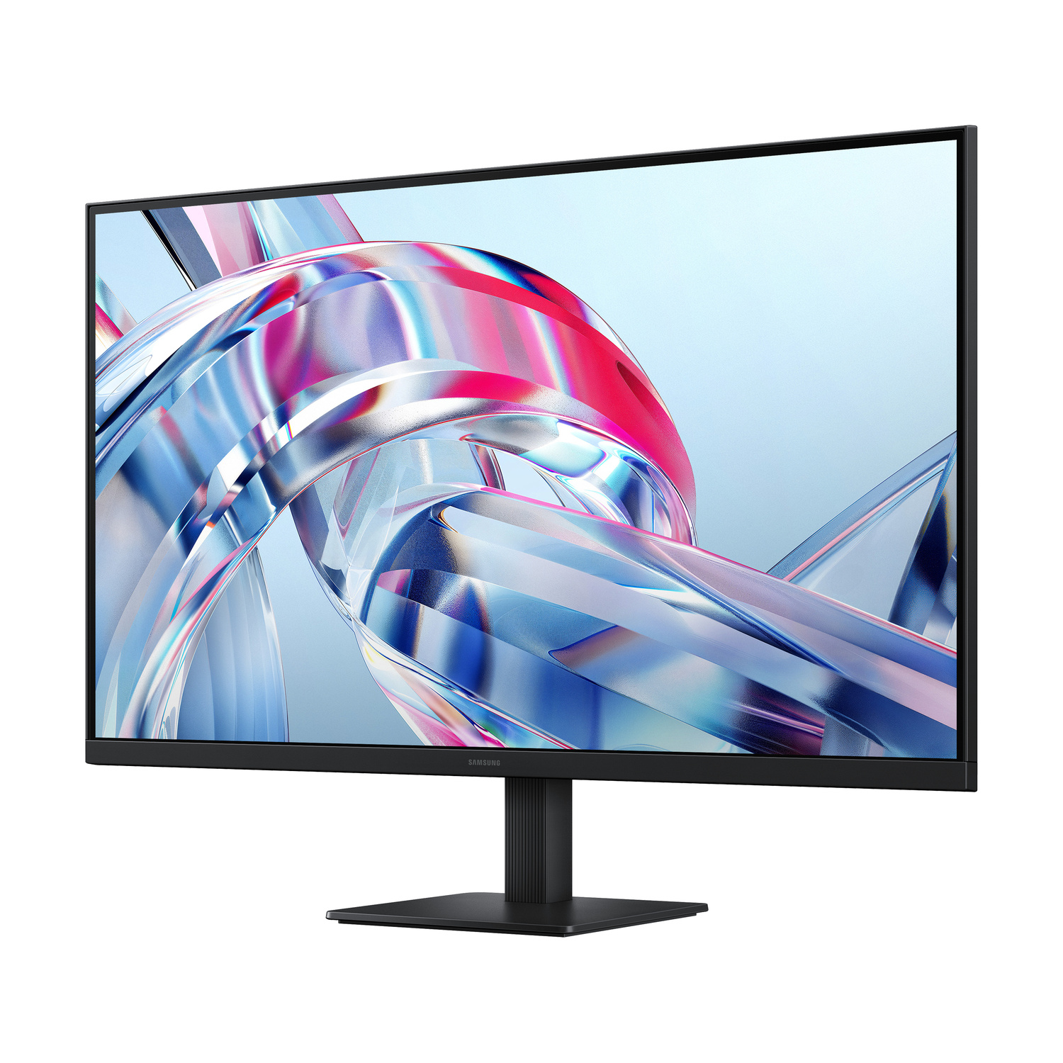Un monitor nero mostra forme astratte curve in rosso, blu e argento su sfondo chiaro.