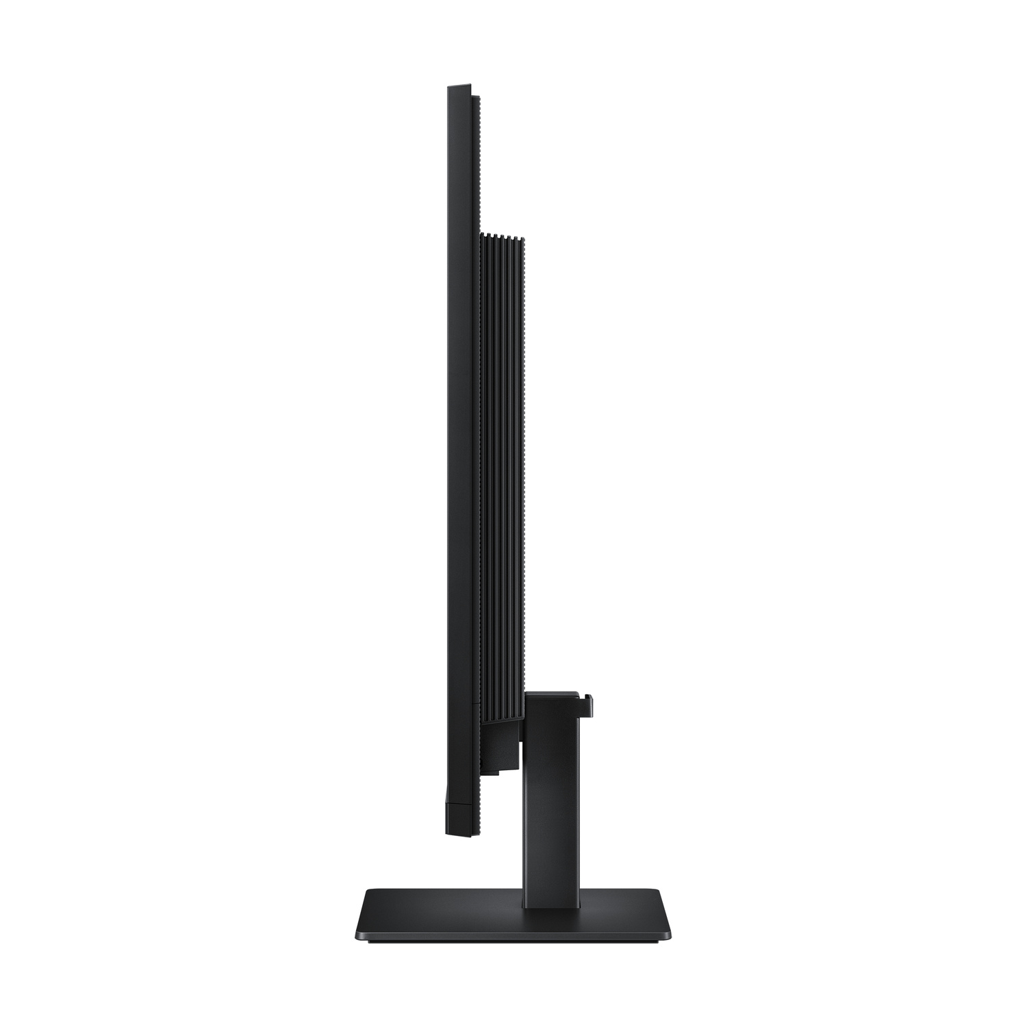 Vista laterale di un monitor nero su supporto con sfondo bianco.
