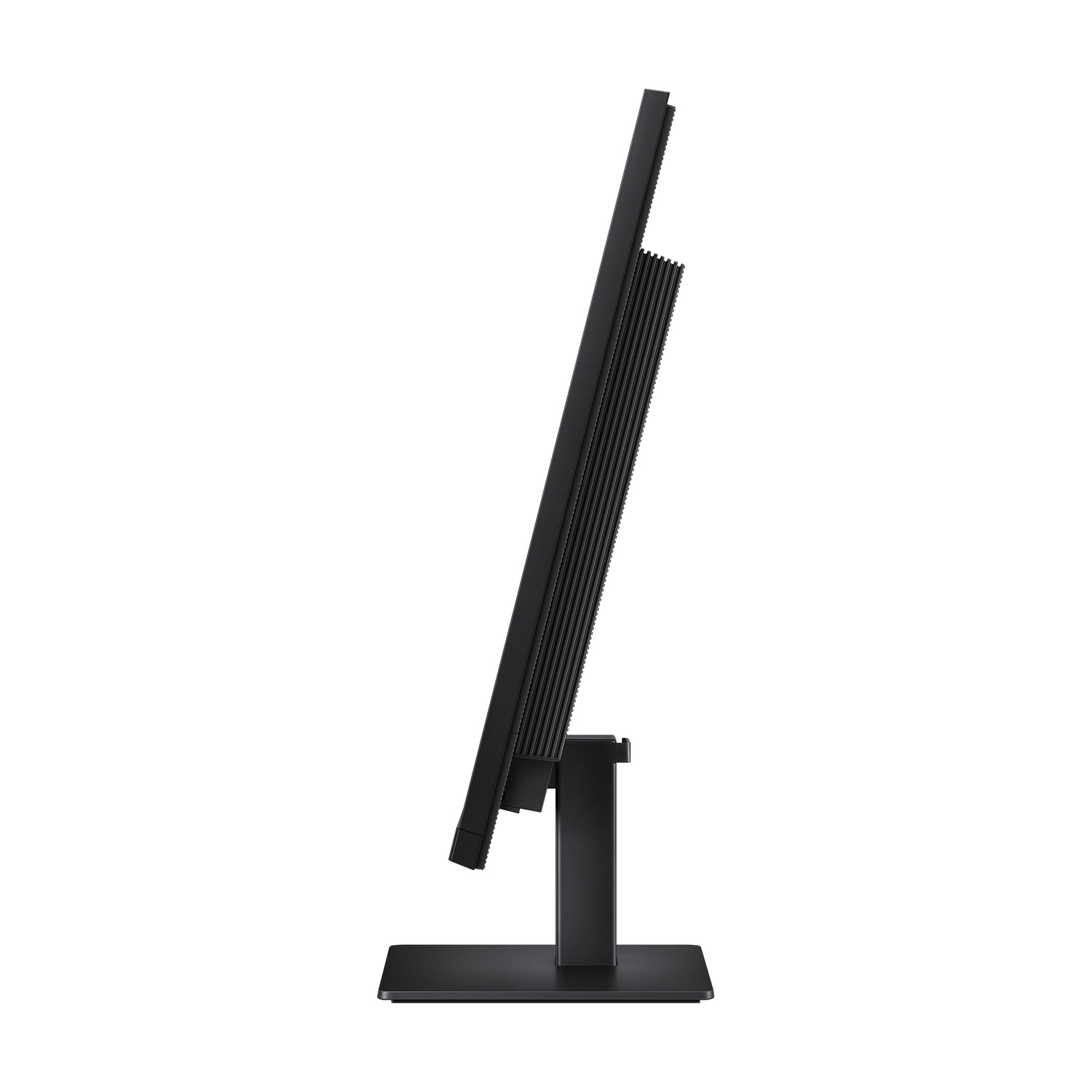 Vista laterale di un monitor di computer nero su supporto con sfondo bianco.