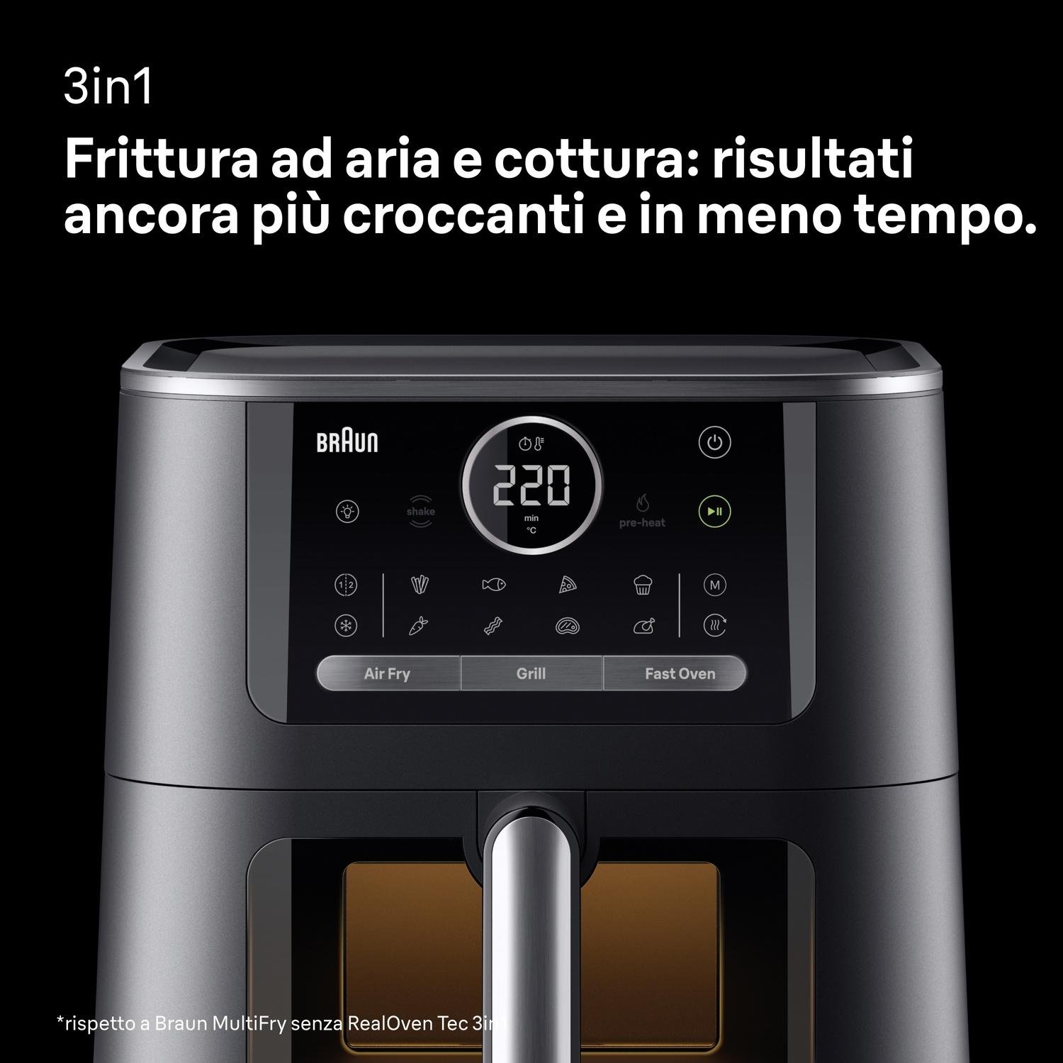 Friggitrice ad aria Braun con pannello di controlodigitale e display illuminato su sfondo nero.