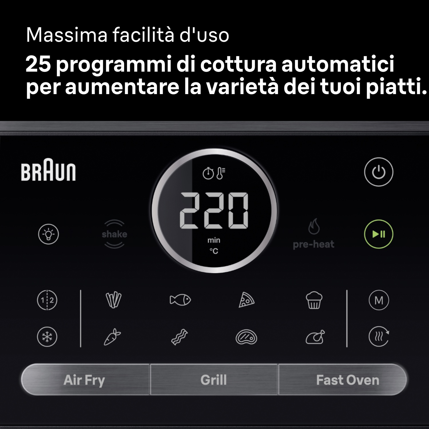 Pannello di controllo digitale Braun con display che mostra 220, pulsanti a sfioramento e icone di cibi.