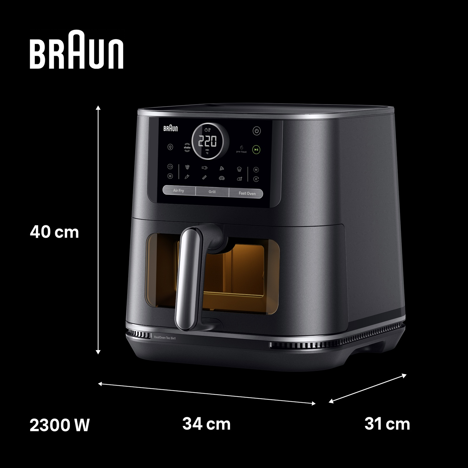 Friggitrice ad aria Braun nera con display digitale e dimensioni su sfondo nero.