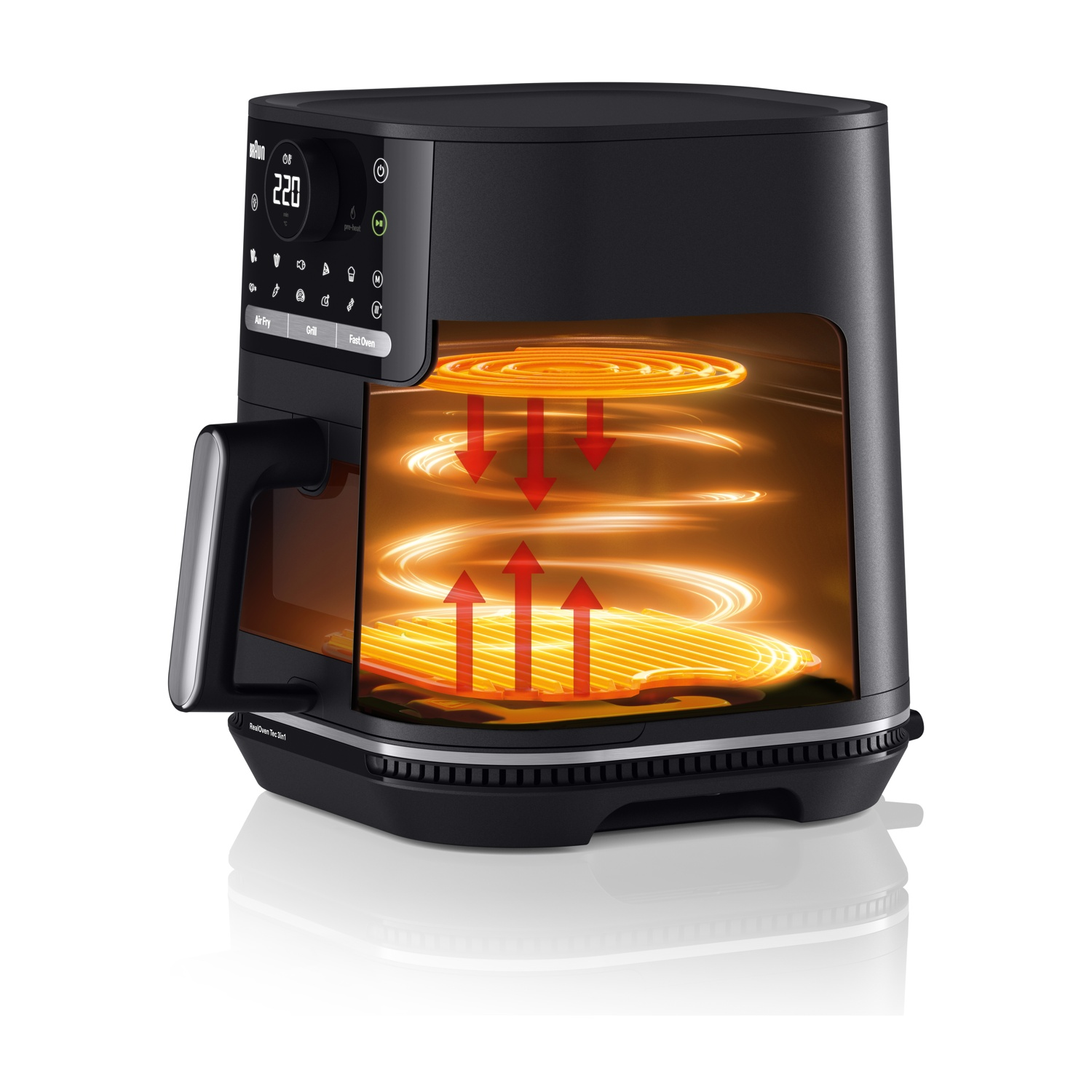 Friggitrice ad aria nera con display digitale ed elemento riscaldante arancione visibile con frecce del flusso d'aria rosse.