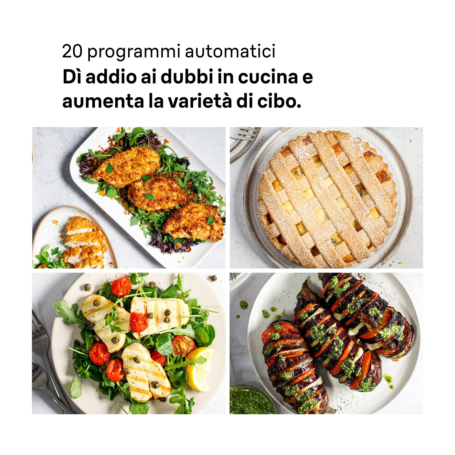 Testo in italiano e quattro foto con pollo impanato, crostata a losanghe, insalata di formaggio grigliato e melanzane ripiene.