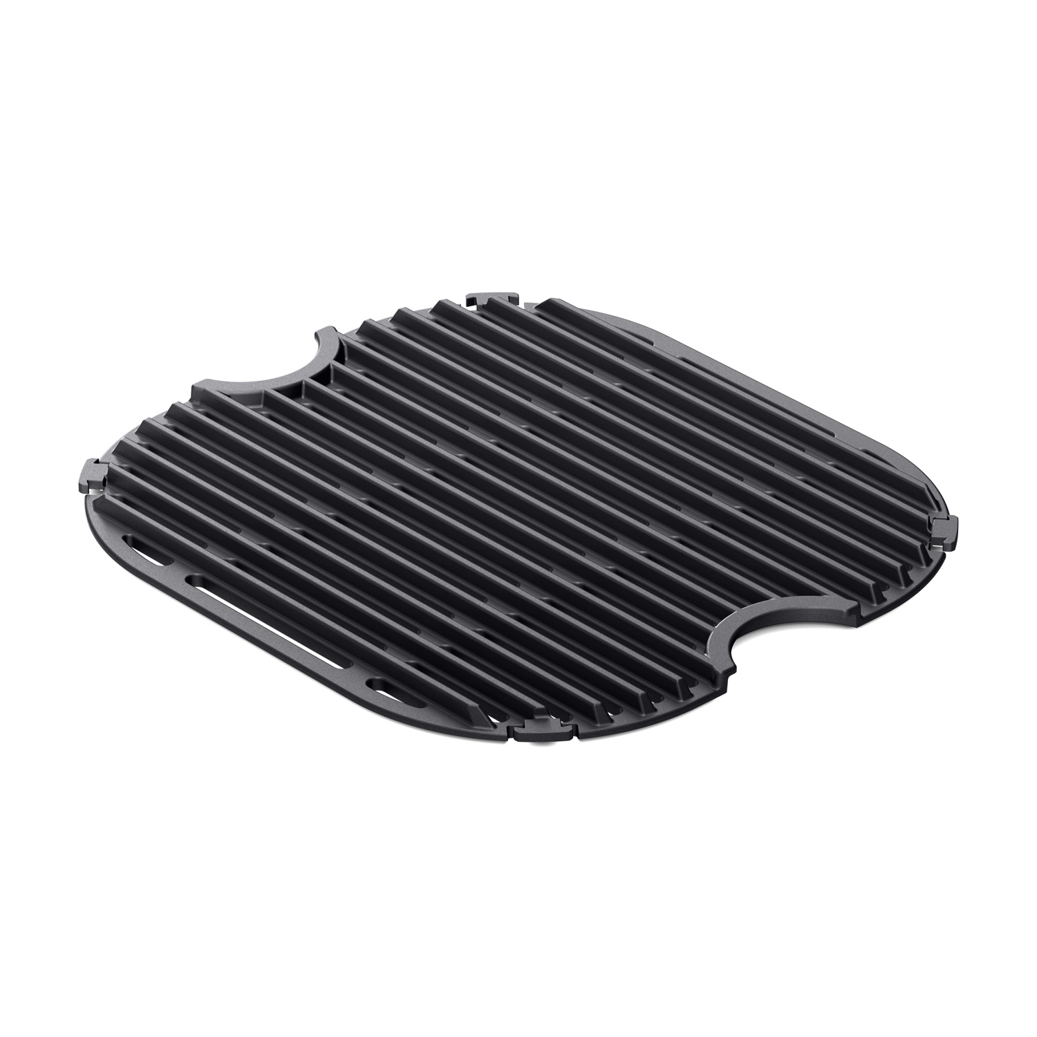 Una piastra da grill nera e quadrata con angoli arrotondati e scanalature parallele su fondo bianco.
