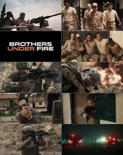 Ein Collage-Bild mit Szenen aus dem Film Brothers Under Fire mit Soldaten, Waffen und dramatischen Momenten.
