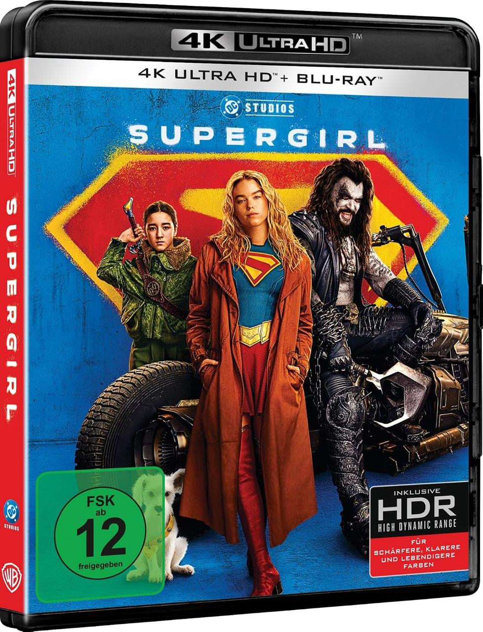 Supergirl in einem roten Mantel steht mit Begleitern und einem kleinen weißen Hund vor einem blauen Hintergrund.