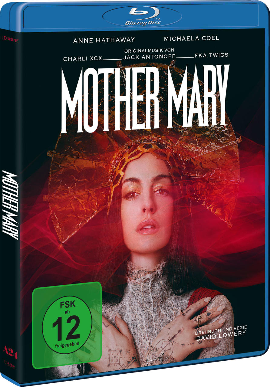 Blu-ray-Hülle des Films Mother Mary mit Anne Hathaway, mit goldener Krone vor rotem Hintergrund.