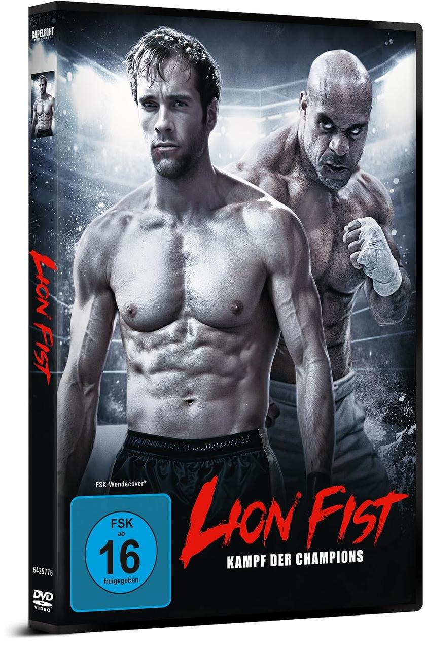 DVD-Cover des Films Lion Fist mit zwei muskulösen Kämpfern vor einer Arena.