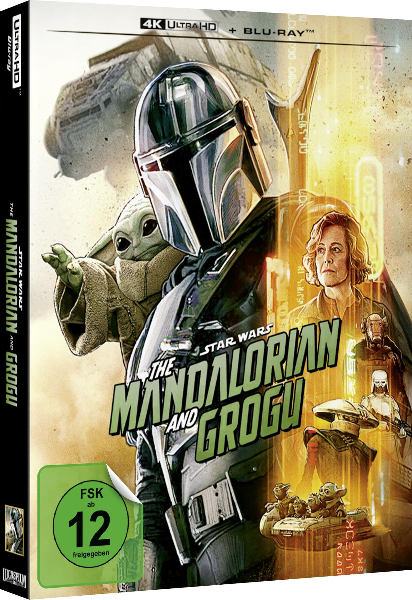 Das Mandalorian and Grogu 4K Ultra HD Blu-ray Cover mit dem Mandalorianer, Grogu und anderen Charakteren.
