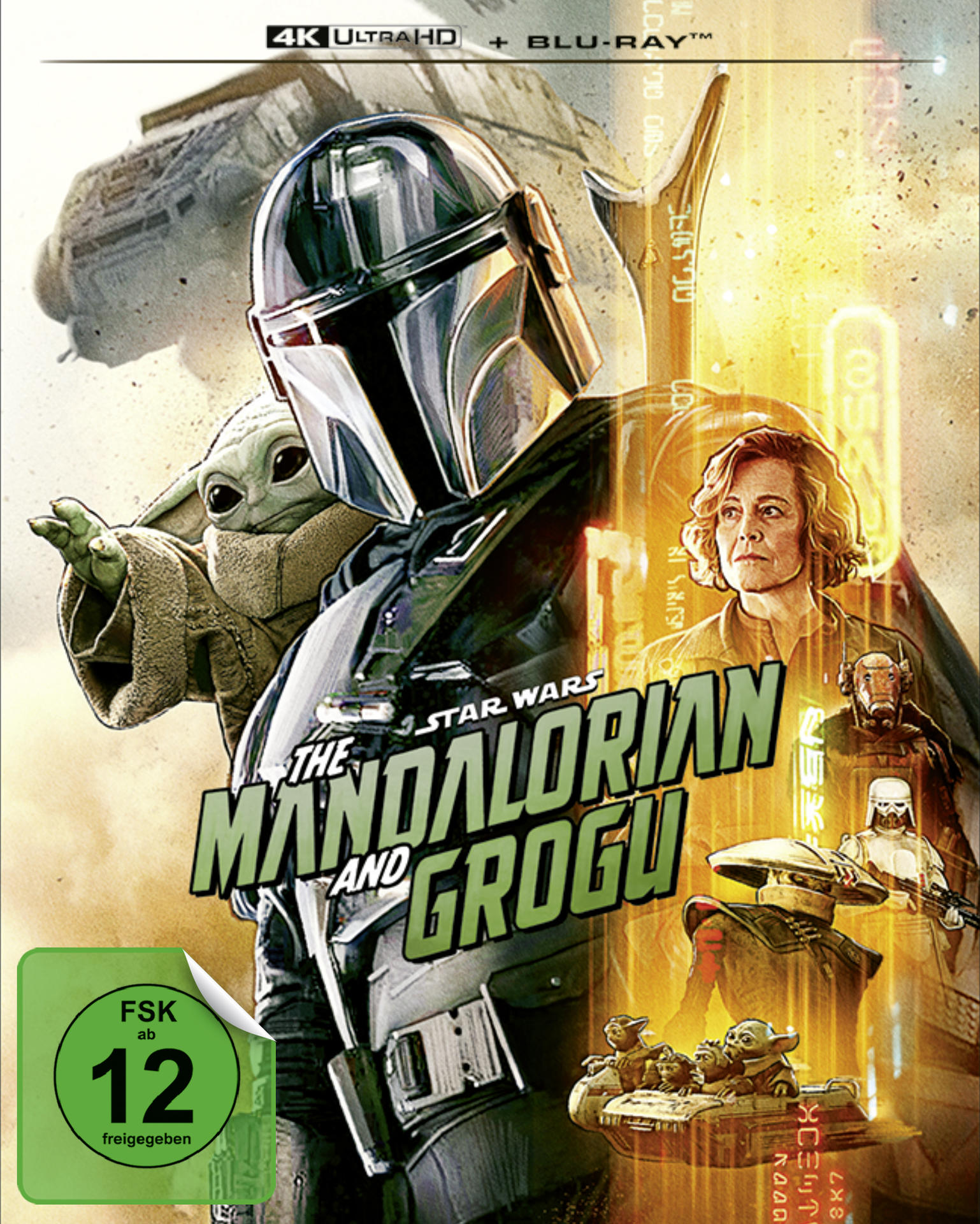 Das Mandalorian and Grogu Filmplakat zeigt den Mandalorianer, Grogu und andere Figuren in Gelb- und Grüntönen.