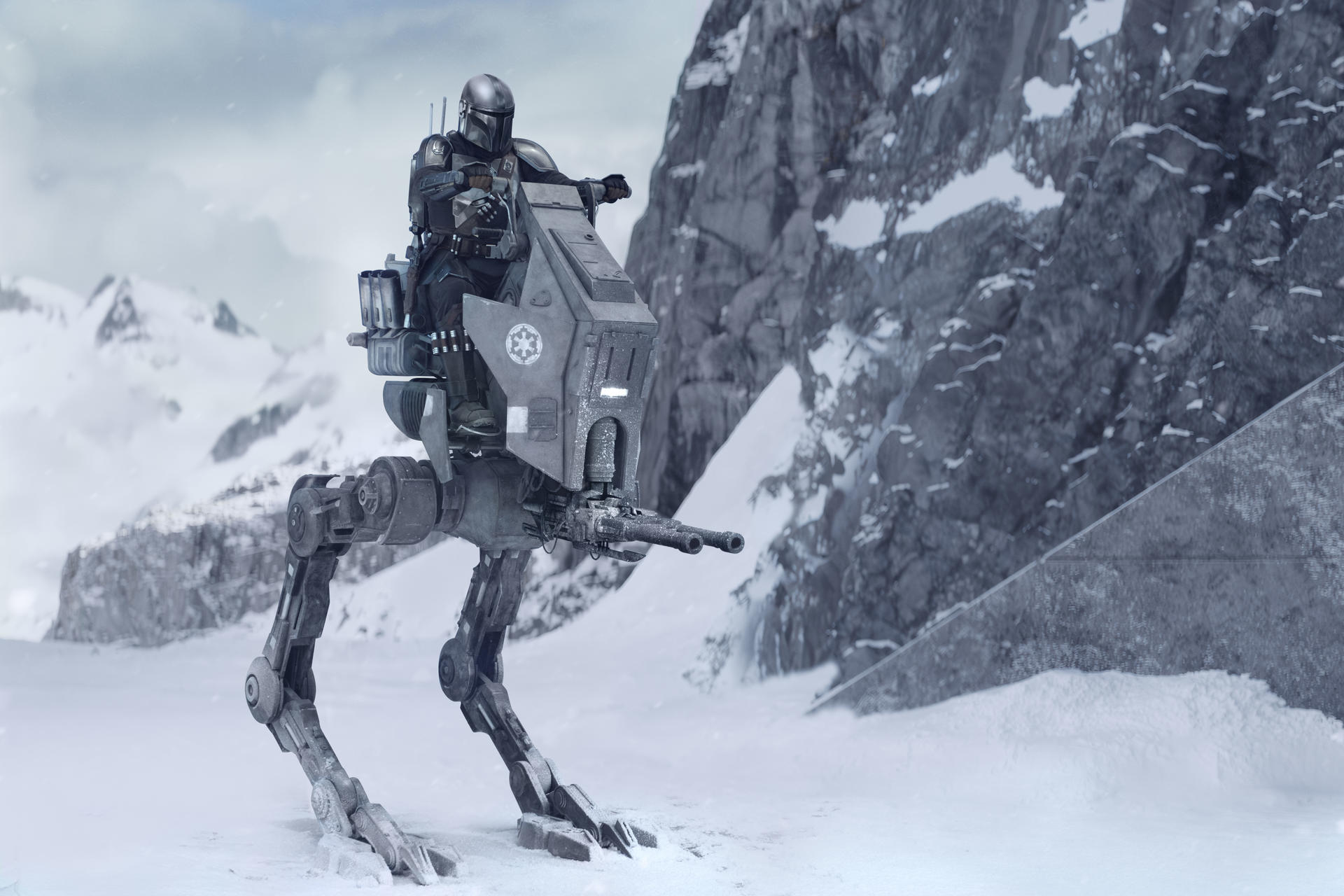 Eine gepanzerte Figur in Helm steuert einen zweibeinigen AT-ST Läufer vor einer schneebedeckten Bergkulisse.
