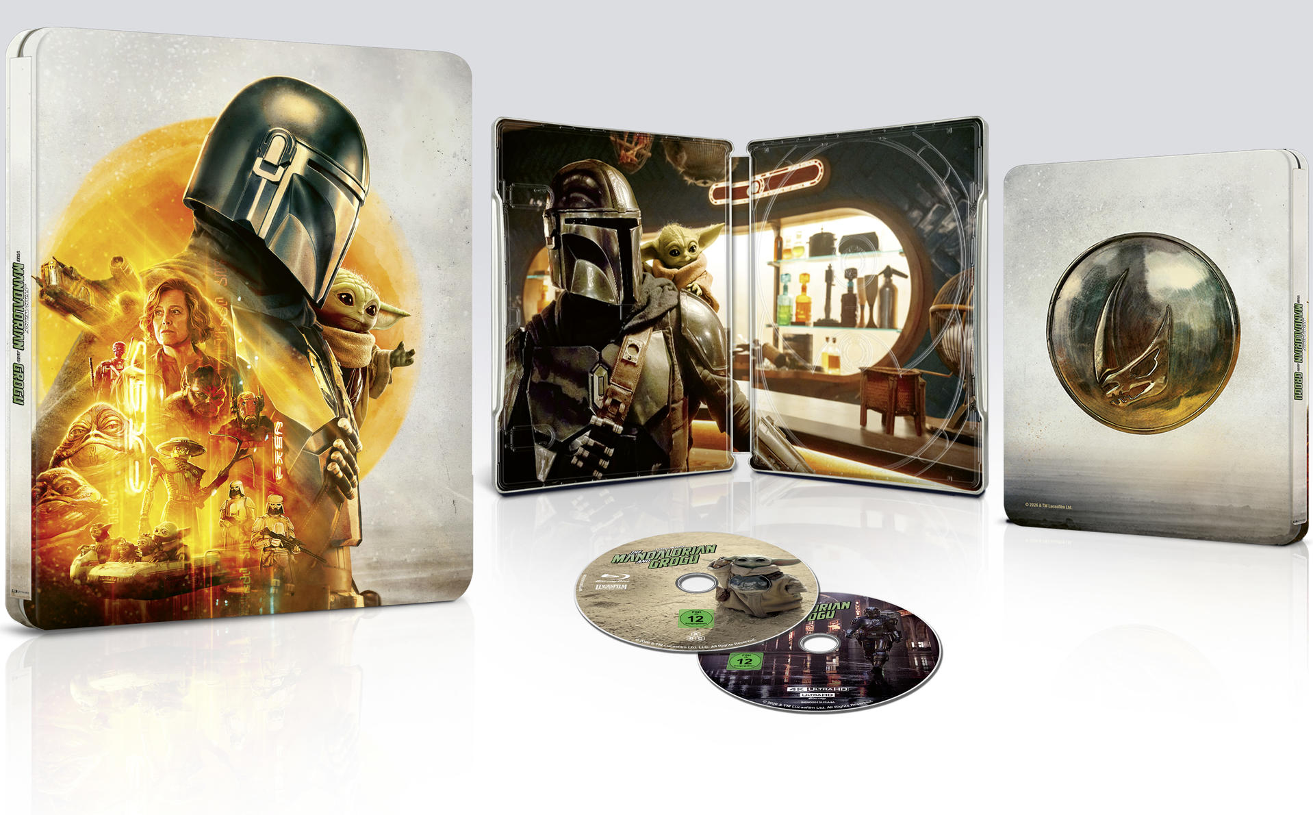 The Mandalorian und Grogu Steelbook Edition mit Discs und Charaktergrafiken.