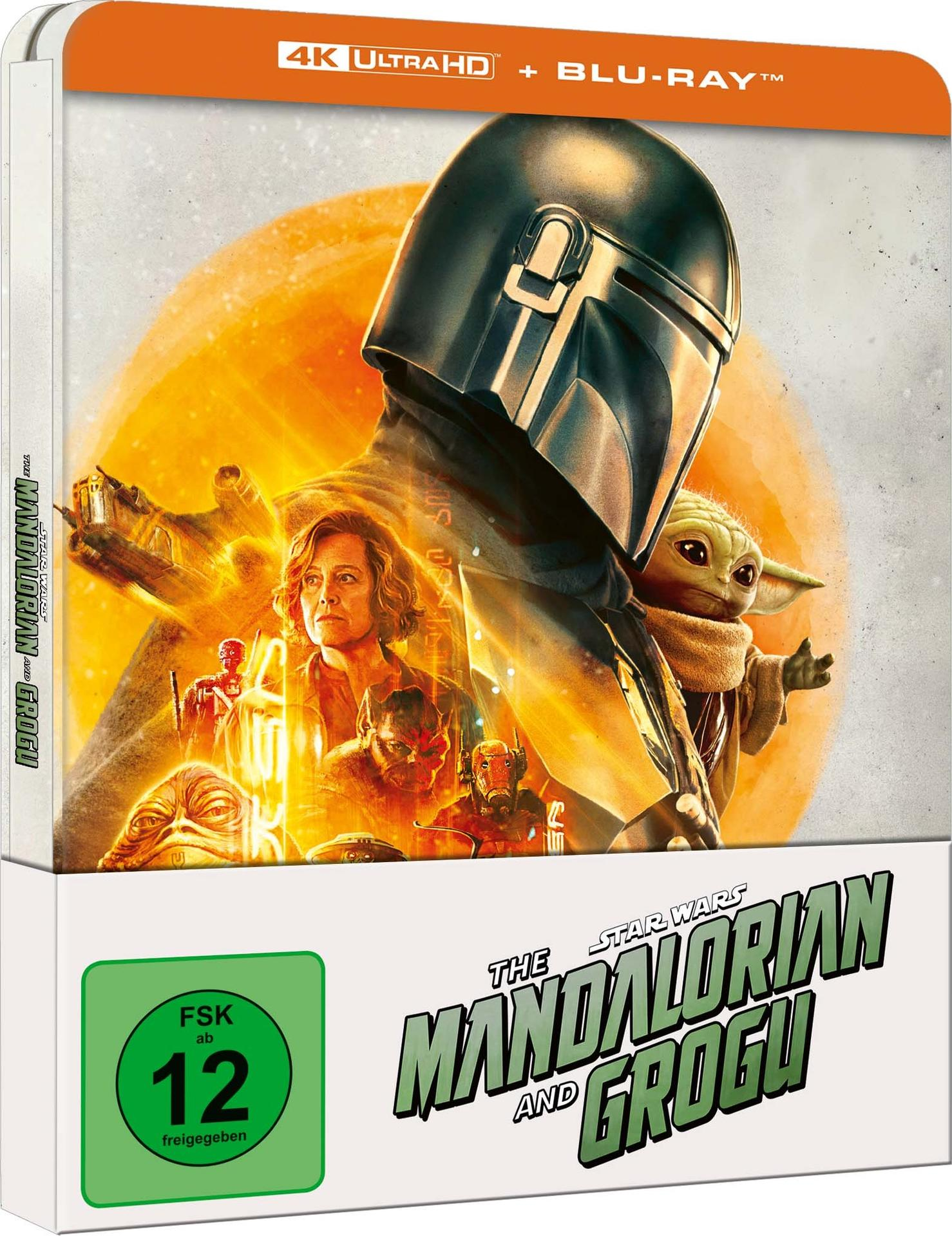 The Mandalorian und Grogu Blu-ray-Cover mit dem Mandalorianer und Grogu vor einem gelben Hintergrund.