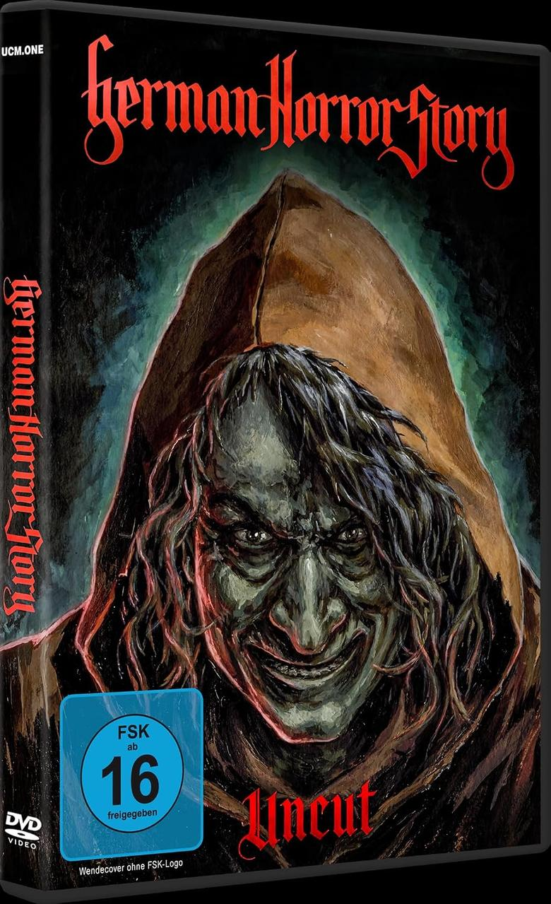 DVD-Cover von German Horror Story mit einem gruseligen, kapuzentragenden Gesicht vor dunklem Hintergrund.