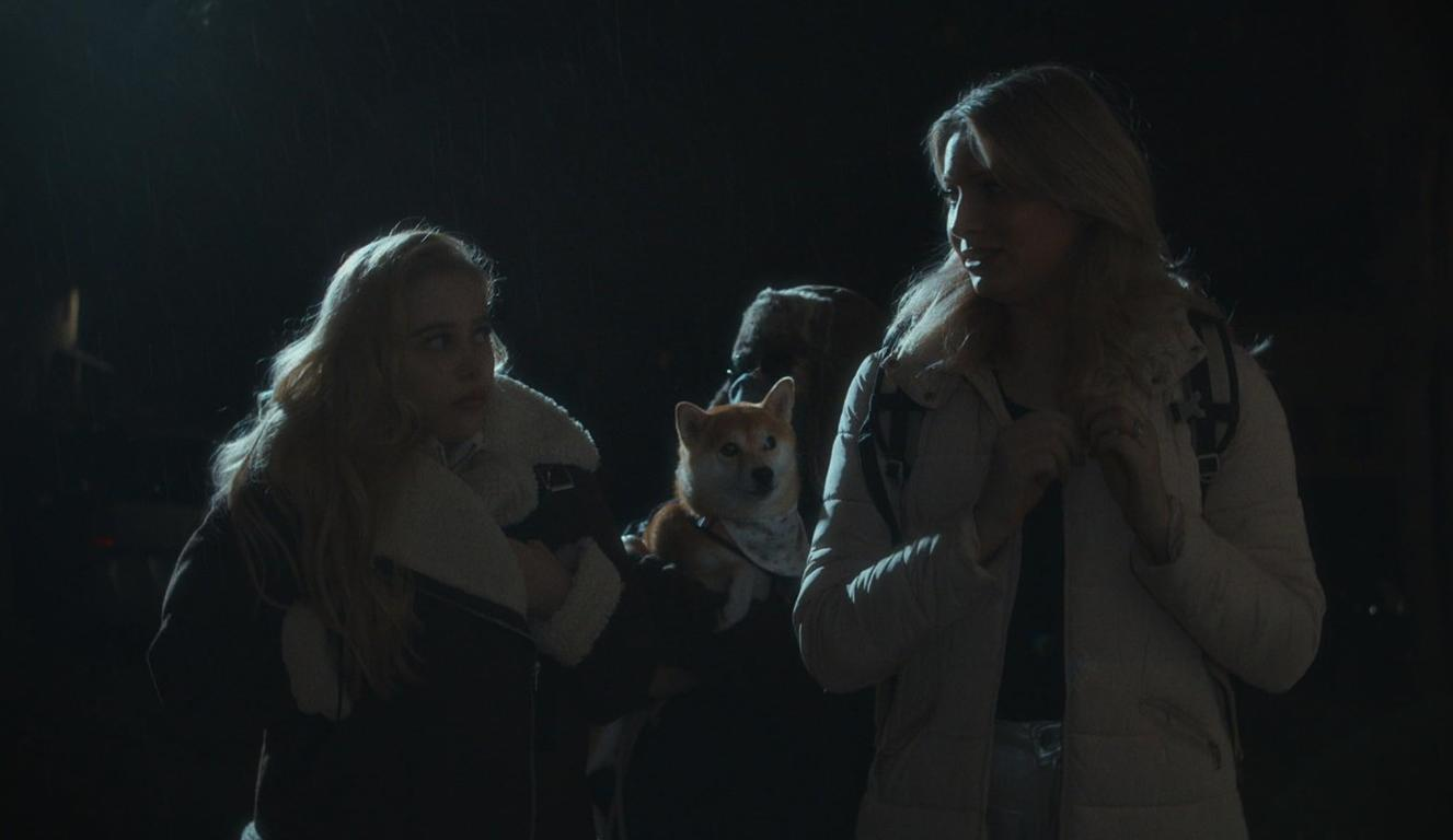 Zwei Frauen stehen nachts draußen, eine hält einen kleinen Shiba Inu Hund zwischen ihnen im gedimmten Licht.