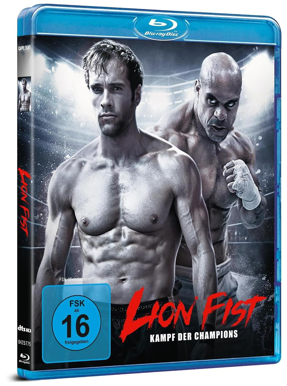 Blu-ray-Hülle des Films "Lion Fist - Kampf der Champions" mit zwei muskulösen Kämpfern vor einem Stadionhintergrund.