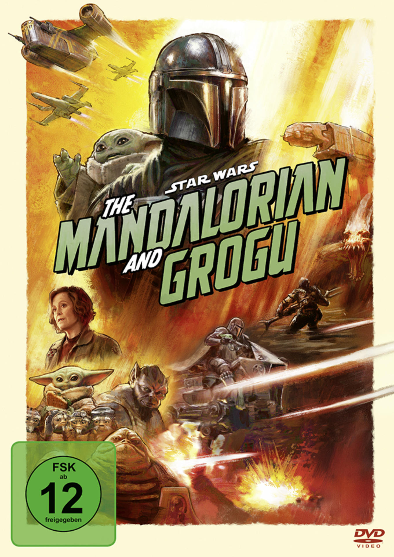 DVD-Cover von The Mandalorian and Grogu mit Charakteren, Schiffen und einer FSK-12-Altersfreigabe.