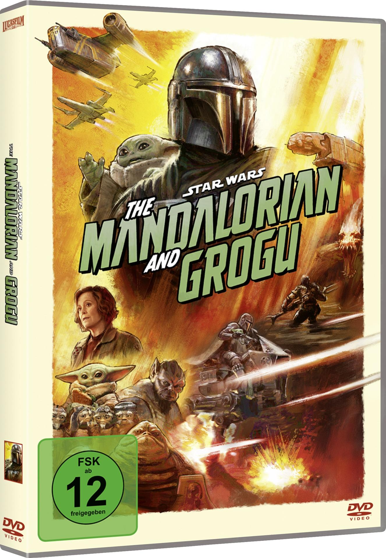 DVD-Hülle von The Mandalorian and Grogu mit Figuren, Raumschiffen und deutscher FSK 12-Altersfreigabe.
