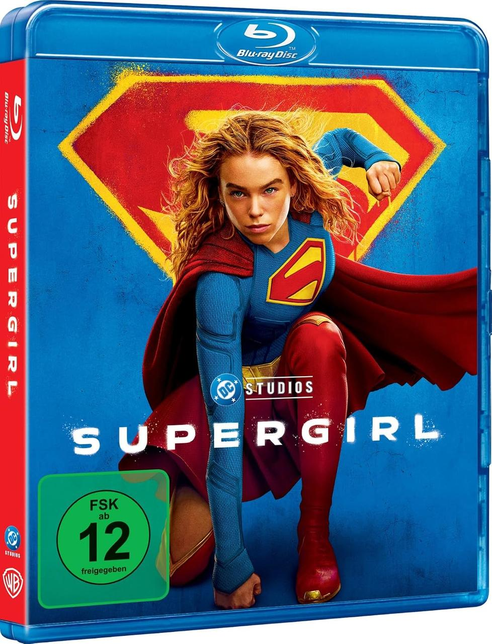Supergirl Blu-ray-Hülle mit der Heldin in Rot und Blau vor einem gelben Wappen.