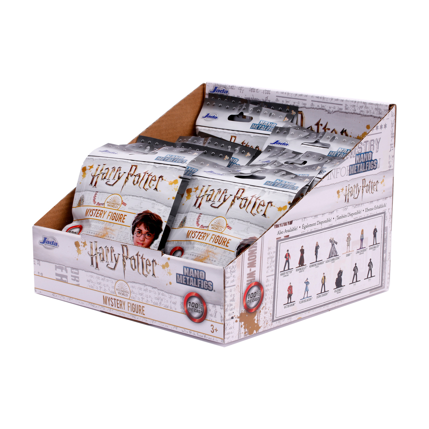 Un display in cartone pieno di bustine misteriose di Harry Potter su sfondo bianco.