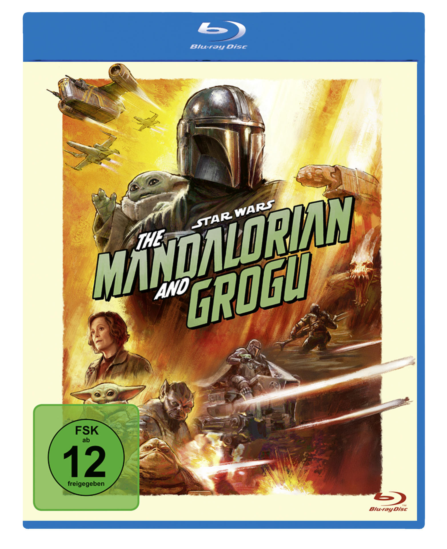 The Mandalorian und Grogu Blu-ray-Cover mit gemalten Charakteren, Raumschiffen und einer FSK 12-Altersfreigabe.