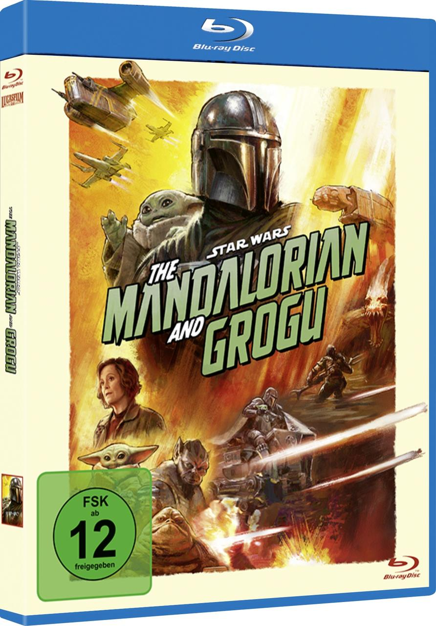 Blu-ray-Cover von The Mandalorian und Grogu mit Charakteren und Raumschiffen vor orangefarbenem Hintergrund.