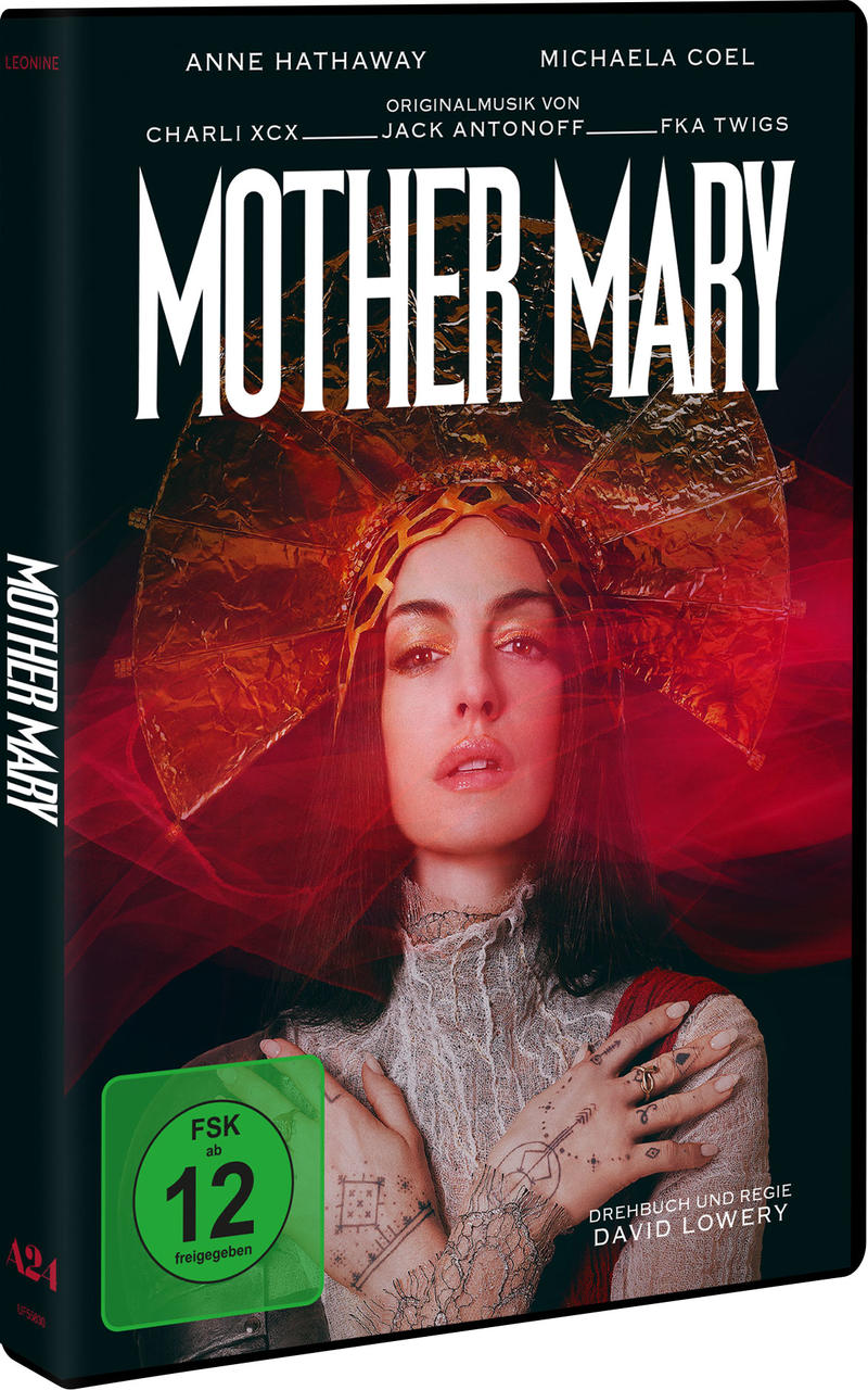 DVD-Cover von Mother Mary mit Anne Hathaway in opulenter Kopfbedeckung und rotem Schleier vor dunklem Hintergrund.